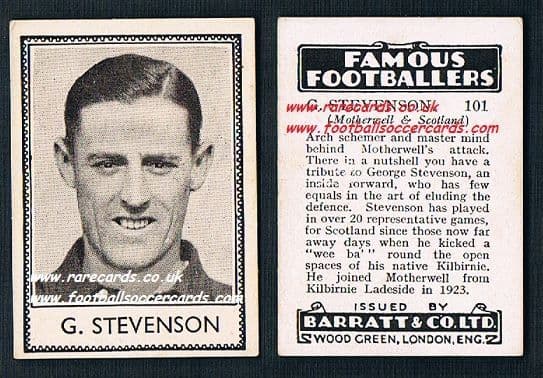 1939 G. Stevenson 101 Motherwell Barratt famous footballers E series card
