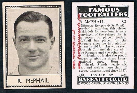 1939 Glasgow Rangers R. McPhail 82 Airdrie Barratt famous footballers E series