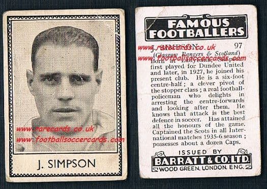 1939 J Simpson 97 Dundee United Rangers Barratt famous footballers E series card
