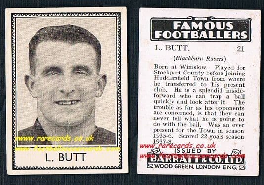 1939 L. Butt 21 Stockport Huddersfield Blackburn Rovers Barratt famous footballers E series card