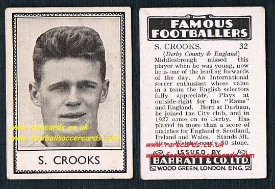 1939 S. Crooks 32 Derby County Durham Barratt famous footballers E series card