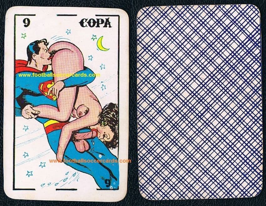 1940s Superman rookie superheroes Mexican erotic playing card 9 cups Clark Kent 69 with Lois Lane