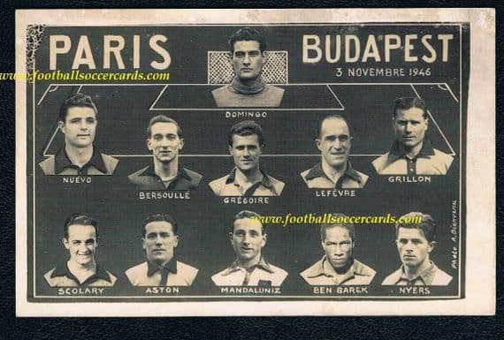 1946 Ben Barek with Paris Stade Français on a commemorative card vs Budapest