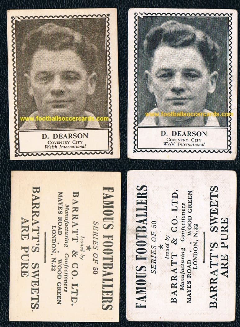 1947 Don Dearson B'ham & Coventry City 2 varieties Barratt Famous Footballers M79 series. Wales FA