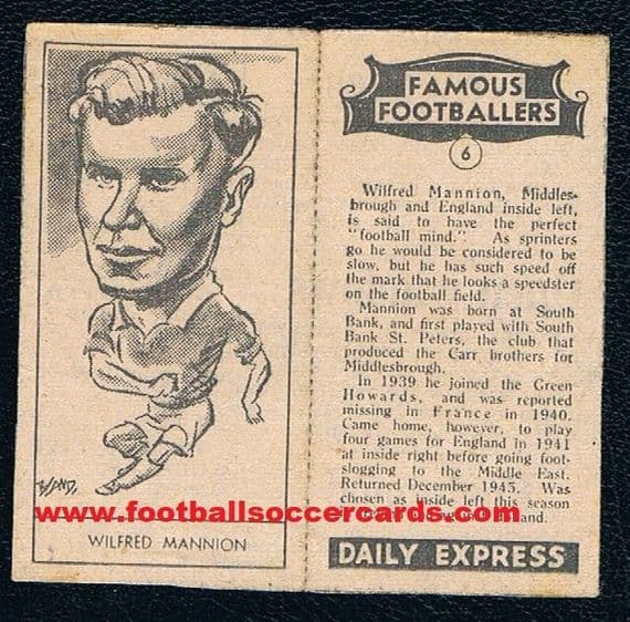 1947 *unused* Wilf Mannion 6 England Middlesbrough Daily Express Famous Footballers fold-around card