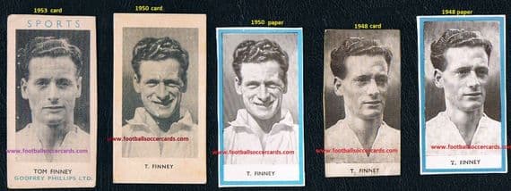 1948 -1953 Tom Finney quintet, Phillips Sports packet issues, 2 paper 3 card, quasi rookie cards x5