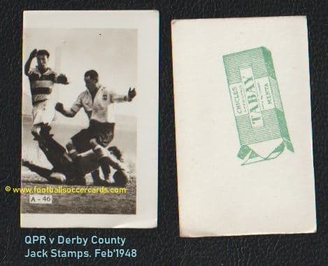 1948 QPR v Derby County, Jack Stamps in action, February'48, Tabay Gum card from Spain