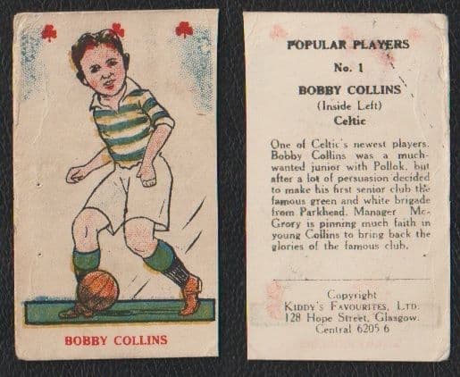 1949 Bobby Collins FWA Footballer of 1965 rookie card Celtic FC Kiddy's Favourites card#1 end number