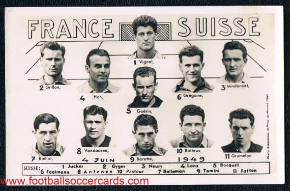 1949 France v Switzerland official match photo card with Jean Baratte double Golden Boot, autographs