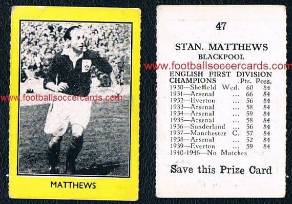 1950 Stanley Matthews 47 Blackpool Sport Aces by MM Frame, cc fault 1 of his rarest cards!