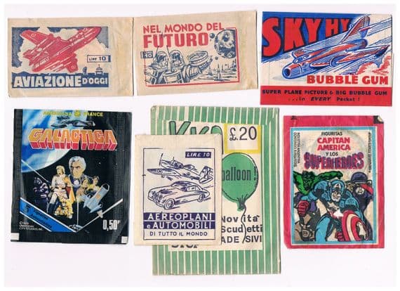1950s -80s DC Comics Superheroes Parrs Lampo Americana Battlestar Gallactica x7 wrappers full cards!