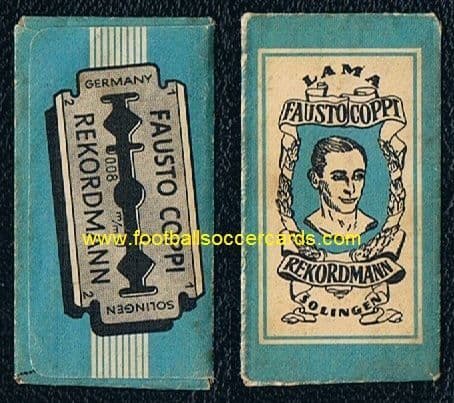1950s Fausto Coppi on a Lama, Solingen, German razor-blade wrapper for the legendary cyclist