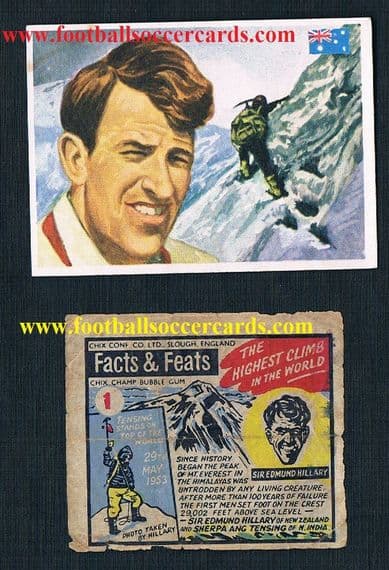 1950s to 1979 Chix "facts & feats" rookie Sir Edmund Hillary New Zealand & Quelcom card