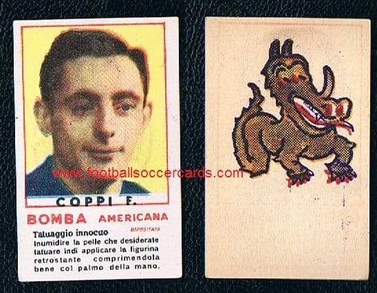 1951 -52 Fausto Coppi tattoo & photo gum insert, unused, by Bomba Americana, Italian