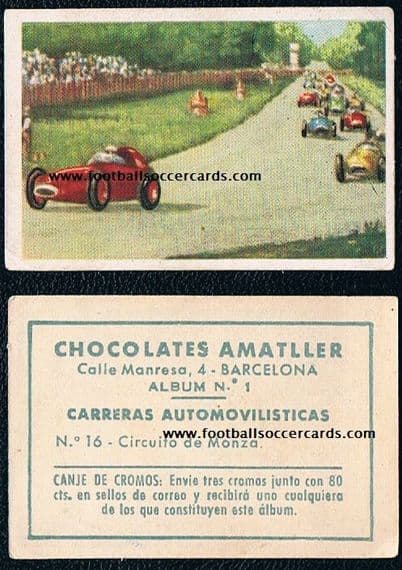 1951 Ascari at Monza in his Ferrari F375 in 1950 Spanish card by Amatller