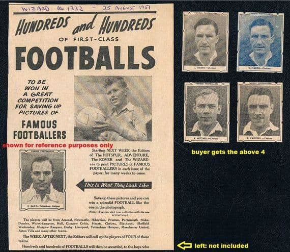 1951 Chelsea 4 cards Harris x2 Campbell Mitchell from Wizard Hotspur Adventure