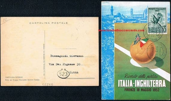 1952 postcard 1st Day postmark Italy England match 1-1 Ivor Broadis & Amadeo Amadei PIOLA