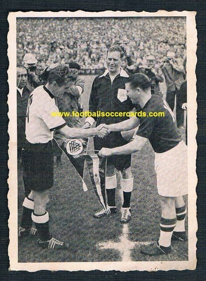 1954 WS Verlag PUSKAS #21 pennants start of WC58 Final 1954 deckled card unused