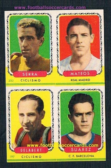 1955 Bruguera UNIQUE quad UNCUT 4 with ROOKIE of Luisito SUAREZ ! Barcelona , Matteos Real Madrid