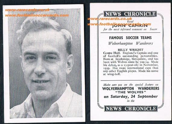 1955 very rare Wolves News Chronicle card of Billy Wright SOLD £150