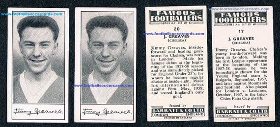 1958 & 59 pair Rookie Cards Jimmy Greaves CHELSEA A6 & A7 different backs diff series Barratt x2