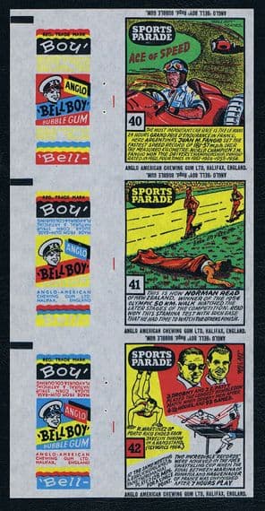 1958 -9 near MINT uncut proofs with Fangio Bell Boy Gum inserts UNfolded, faultLESS triple