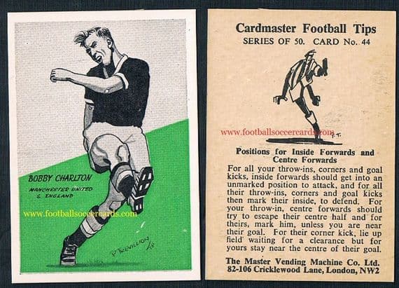 1958 Bobby Charlton rookie Master Vending 44 variety cream colour card with address