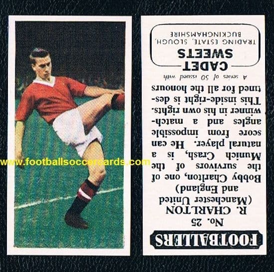 1958 Cadet Sweets Bobby Charlton rookie card, inverted back type original