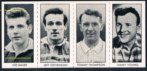 1958 Joe Baker rookie UNCUT strip of 4, Hibs Scotland, Preston Leeds rugby etc