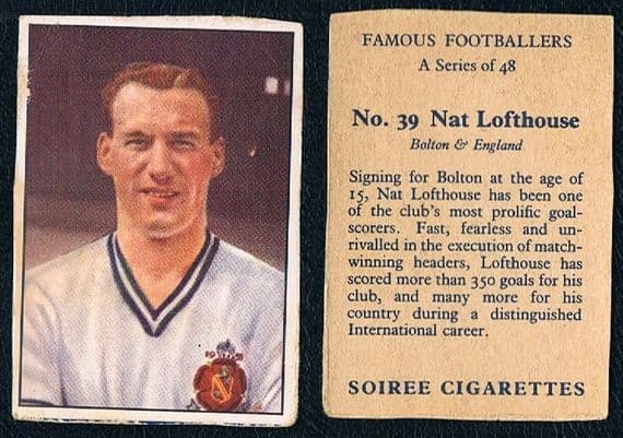 1958 Nat Lofthouse ENGLAND & BOLTON Golden Boot SOIREE CIGS packet issue card