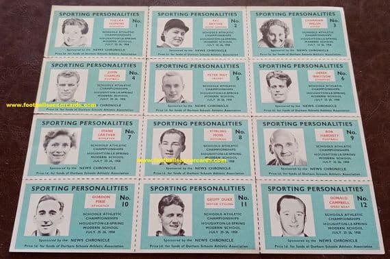 1958 News Chronicle uncut sheet 12 Sporting Personalities Stirling Moss John Charles etc