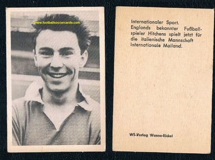 1958 photo of Jimmy Greaves in Chelsea kit on a West German gum card issued later by WS Verlag