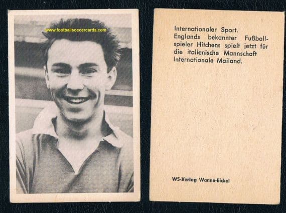 1958 photo of Jimmy Greaves in Chelsea kit on a West German gum card issued later by WS Verlag