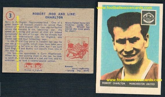 1958 rookie Bobby Charlton A&BC Gum 3 BLUE BACK SMALL PIC