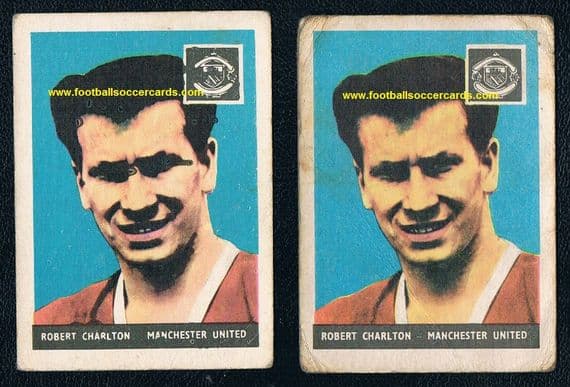 1958 rookie cards x2 Bobby Charlton A&BC Gum 2nd edition, blue backs, 1 is a printing error variety