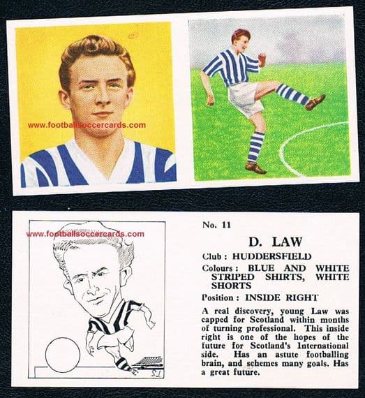 1959 Dennis Law CHIX action, portrait & caricature rookie card black and white type