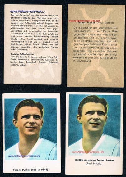 1960 -61 PAIR Heinerle & Carl Schütt 2 gum cards of Ferenc Puskas, Real Madrid Hungary light faults