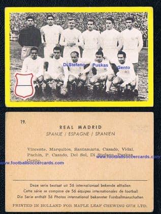 1960 Maple Leaf Gum card Real Madrid with Puskas Gento Alfredo Di Stefano 19 CREASE