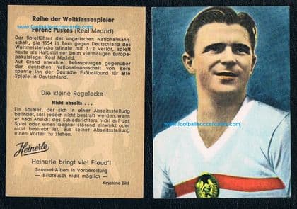1960 near-MINT Ferenc Puskas Heinerle Die Kleine Regelecke gum card, West Germany