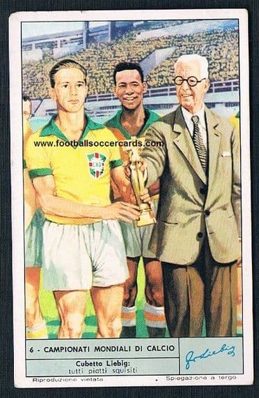 1960 s Italian card by Liebig soups showing Pelé & Bellini of the Brazil 1958 World Cup winning team