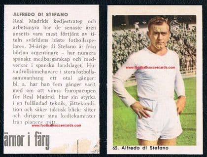 1960 Svensk Hemmets Journal Alfredo di Stefano card number 65 dated by age shown on rear, some AMR