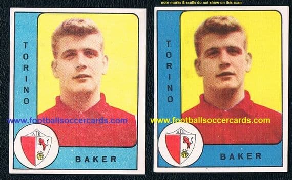 1961 Joe Baker pair Panini original cards, 2 different printings, Arsenal Torino