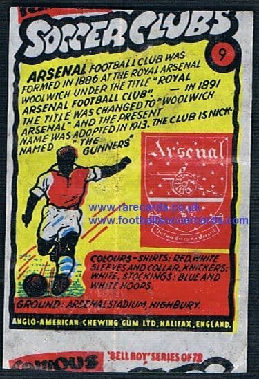 1962 Anglo American Gum bell Boy Famous Soccer Clubs Arsenal 9