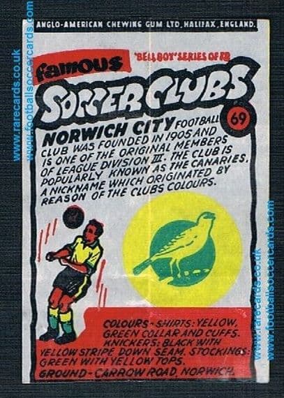 1962 Anglo American Gum bell Boy Famous Soccer Clubs Norwich City 69