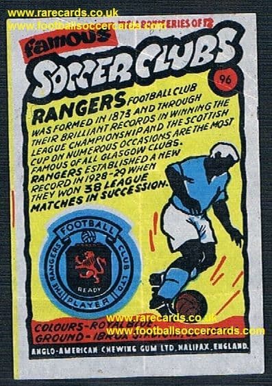 1962 Anglo American Gum bell Boy Famous Soccer Clubs Rangers 96