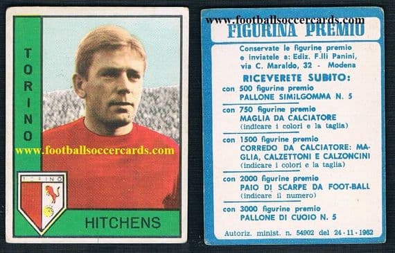 1962 Panini Gerry Hitchens RARE PREMIO BACK Torino, 1st in-house Panini series