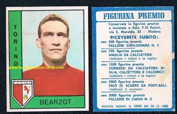 1963 Enzo Bearzot Panini card Blue premio back faults