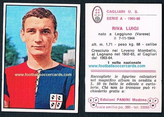 1965 the legendary Luigi Riva on a PANINI Calciatori 65-66 card from Italy