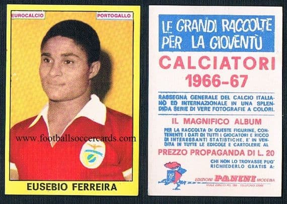 1966 Eusebio on an Italian -issue Panini Calciatori 66-67 card - the regular back type very nice!