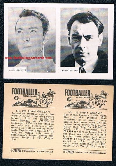 1966 Jmmy Greaves Alan Gilzean 190 & 115 A&BC Footballer uncut pair